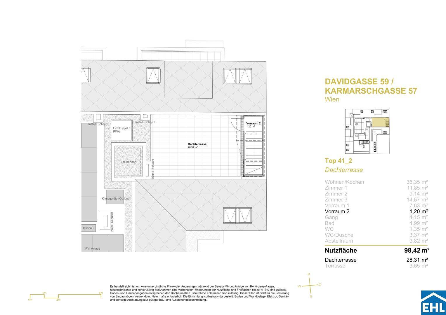 Grundriss der Dachterrasse mit Zugang und großzügiger Nutzfläche.