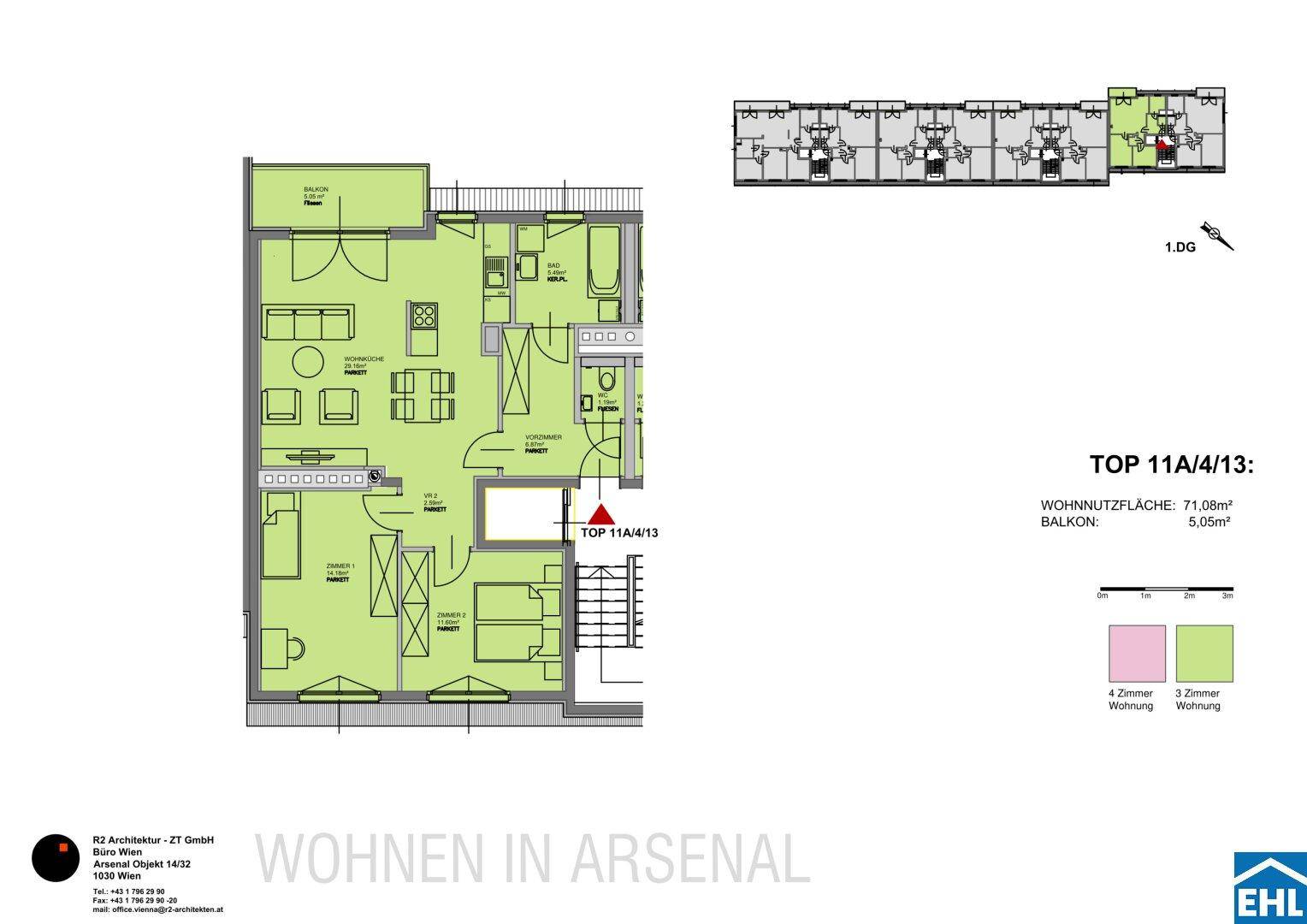 Grundriss der Wohnung TOP 11A/4/13 mit 71,08m² Wohnfläche und Balkon.