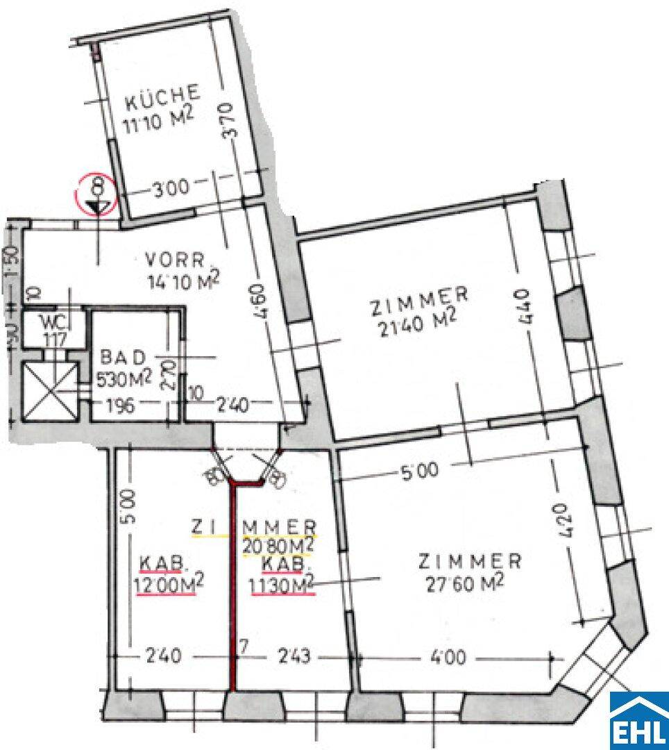 Grundrissplan mit Aufteilung in Küche, Bad, WC und mehrere Zimmer, inklusive Flächenangaben.