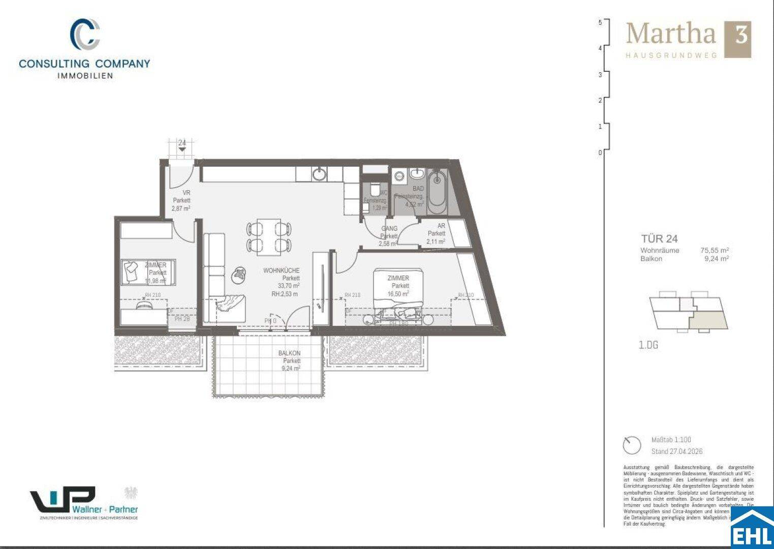Grundriss einer Wohnung mit offenem Wohnbereich, Balkon, Abstellraum und zwei Bädern.