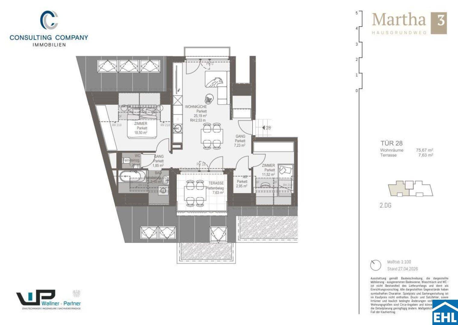 Grundriss einer Wohnung mit zwei Schlafzimmern, offenem Wohnbereich und großer Terrasse.