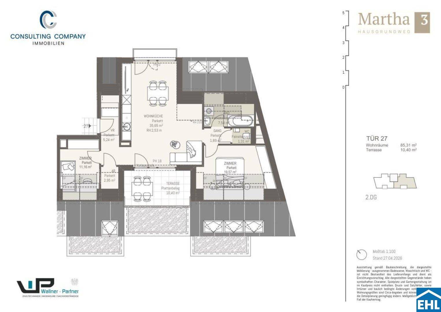Grundriss einer Wohnung mit drei Zimmern, zwei Bädern und einer großen Terrasse.