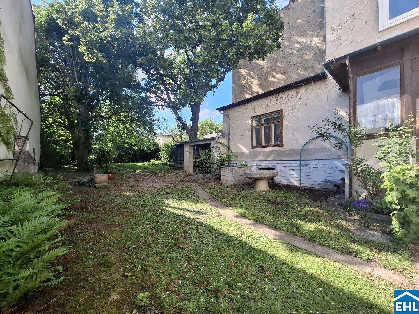 Hinterhofgarten mit Rasenfläche, Pflanzen und der Rückseite eines Gebäudes mit Anbau.