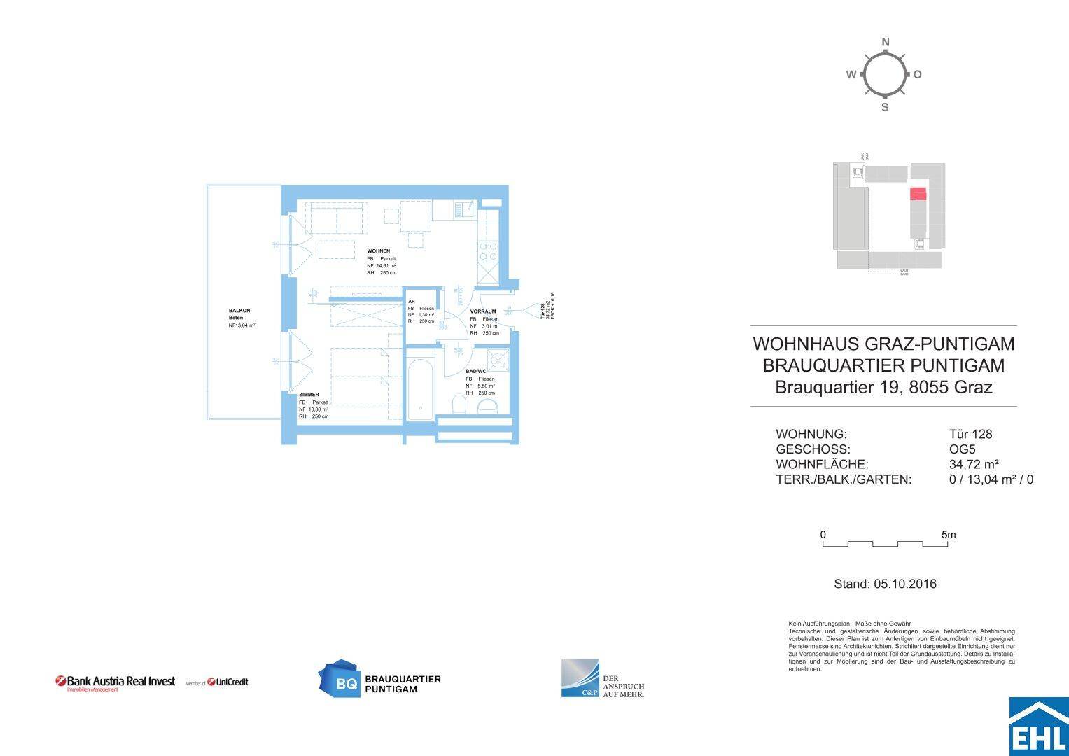 Grundriss einer kleinen Wohnung mit Wohn-/Schlafbereich, Bad und Balkon.