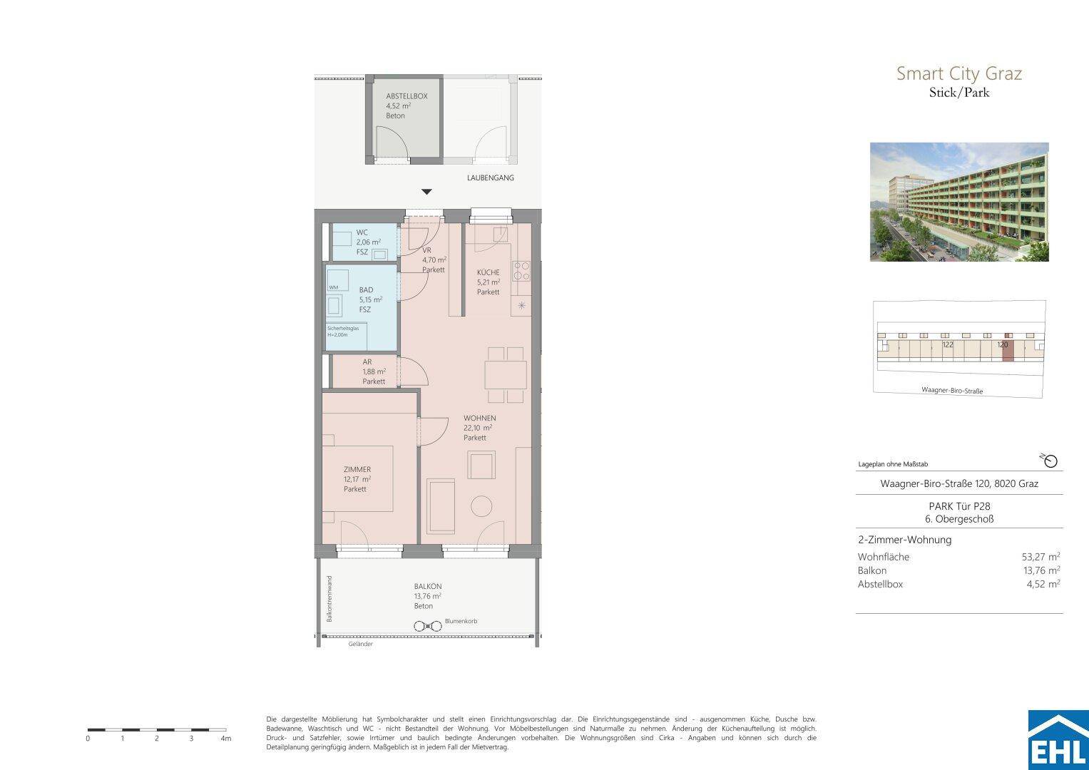 Grundriss einer 2-Zimmer-Wohnung mit Balkon und Abstellraum.