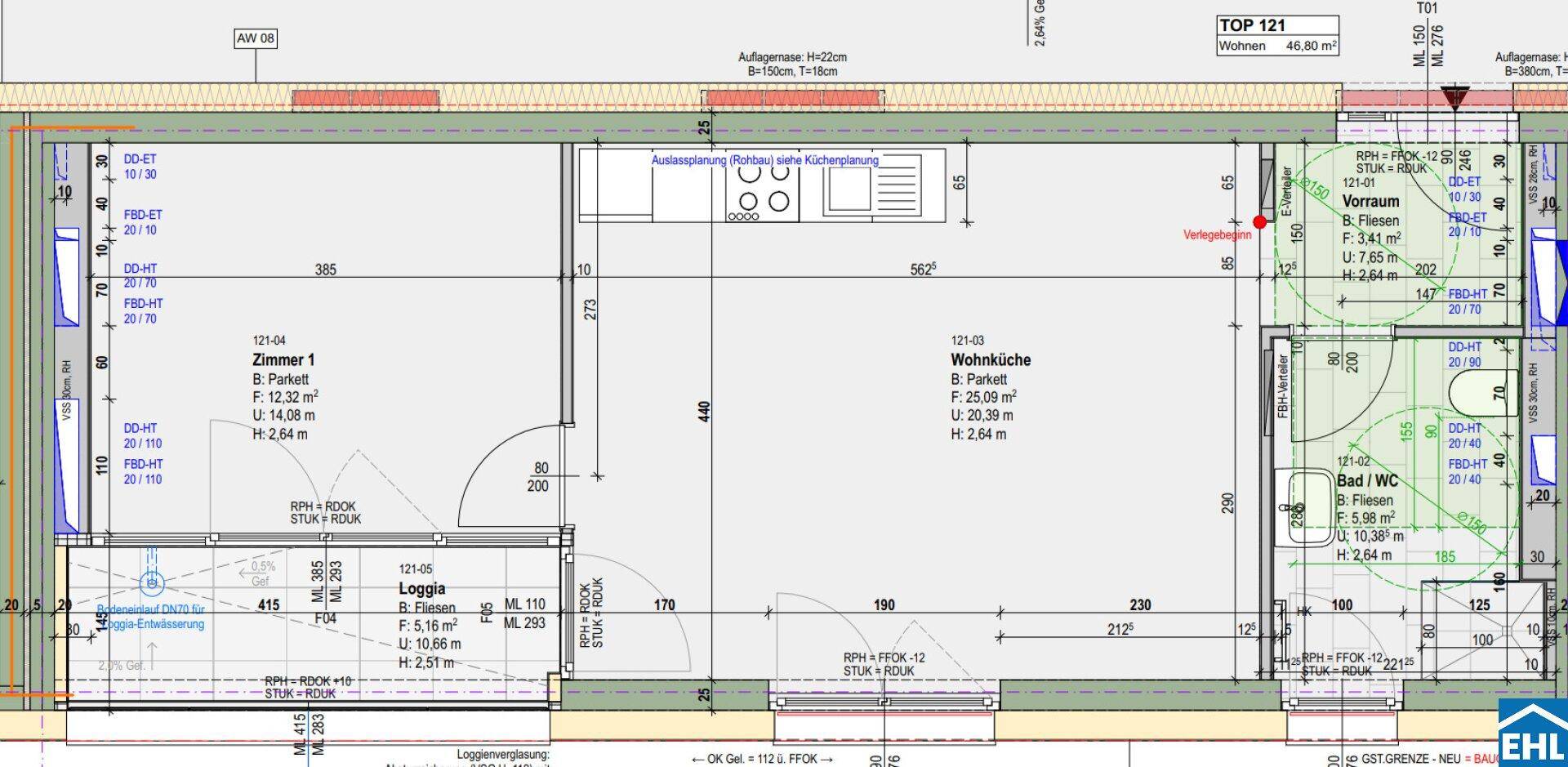 Grundriss einer Wohnung mit Wohnküche, Zimmer, Bad/WC und Loggia.