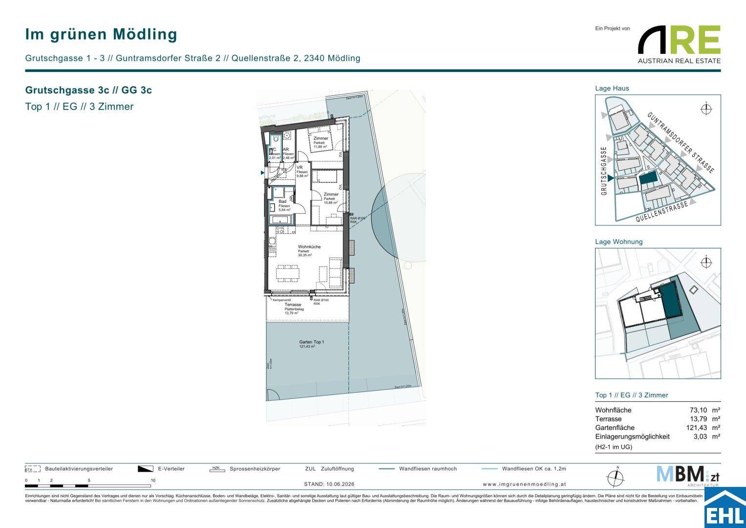 Grundriss einer 3-Zimmer-Wohnung mit offenem Wohnbereich, Terrasse und Gartenanteil im Erdgeschoss.