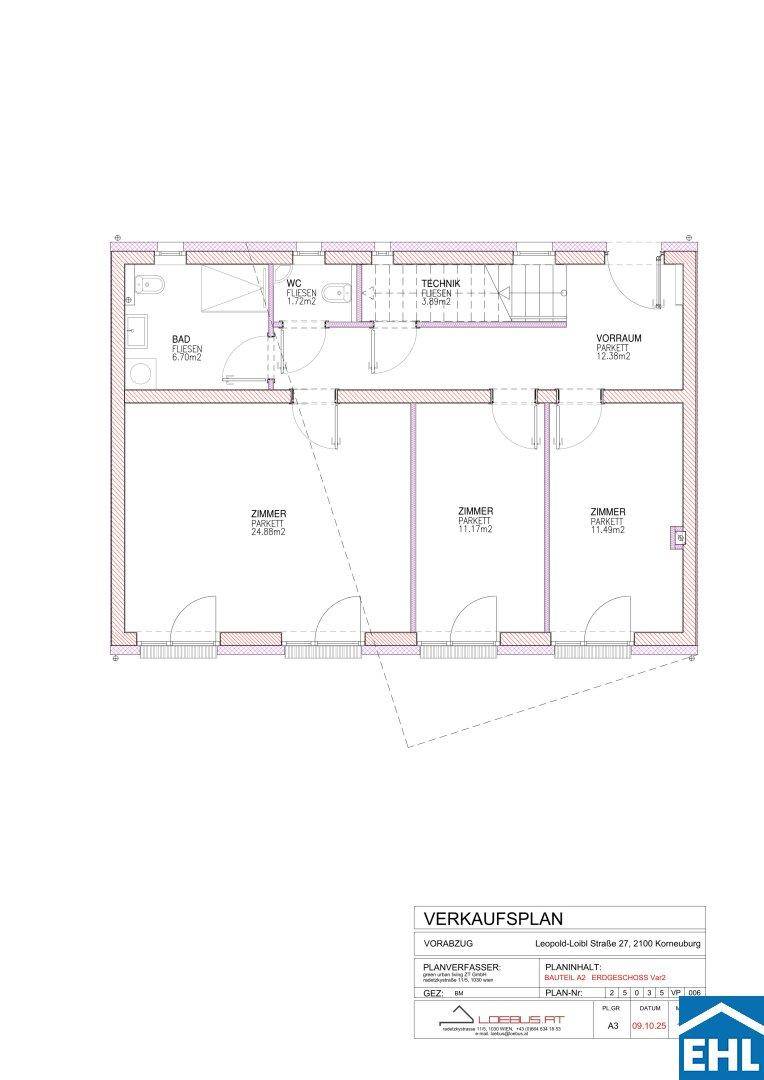 Grundrissplan einer Etage mit mehreren Zimmern, Bad, WC und Technikraum.