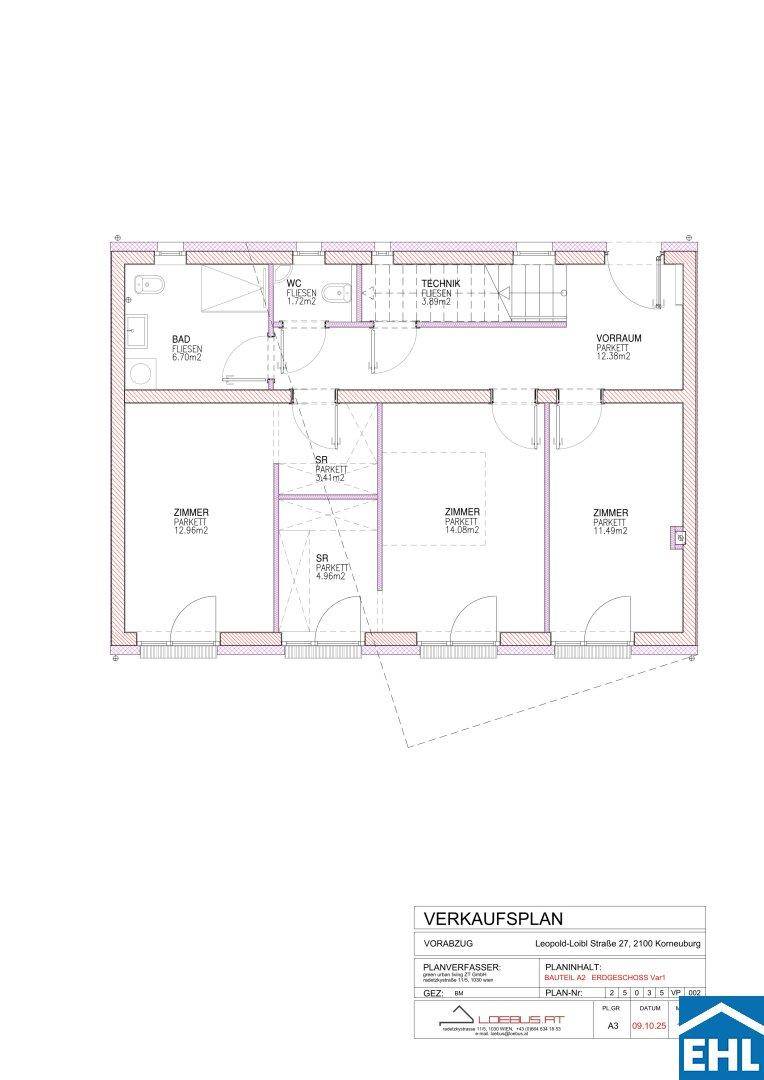 Detaillierter Grundrissplan einer Etage mit Zimmern, Bad, WC und zwei Abstellräumen.