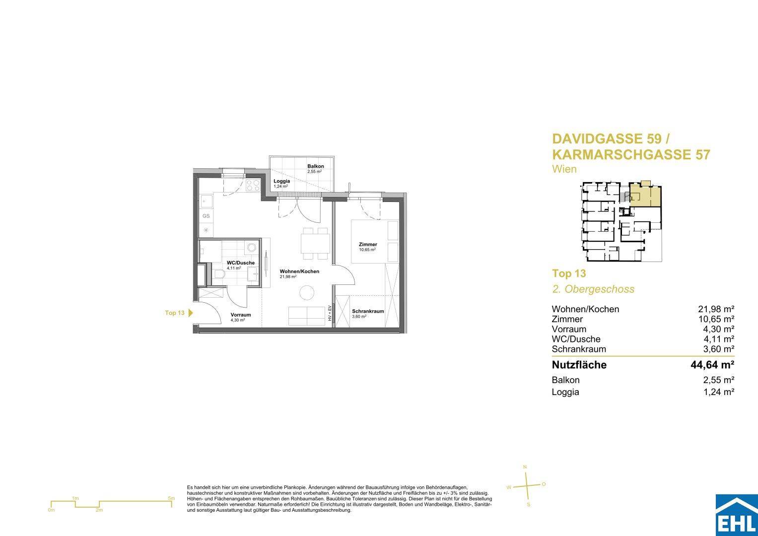 Grundriss einer Wohnung im zweiten Obergeschoss mit Balkon und Loggia.