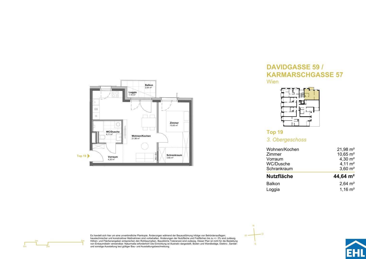 Grundriss einer Wohnung mit Wohn-/Kochbereich, Schlafzimmer, Balkon und Loggia.