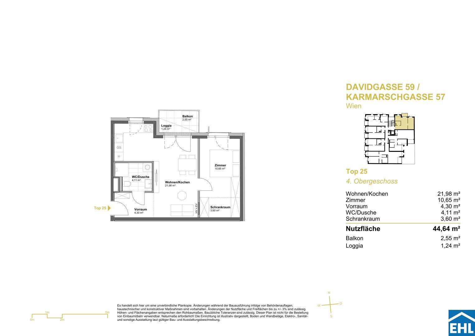 Grundriss einer Wohnung im 4. Obergeschoss mit Balkon und Loggia.
