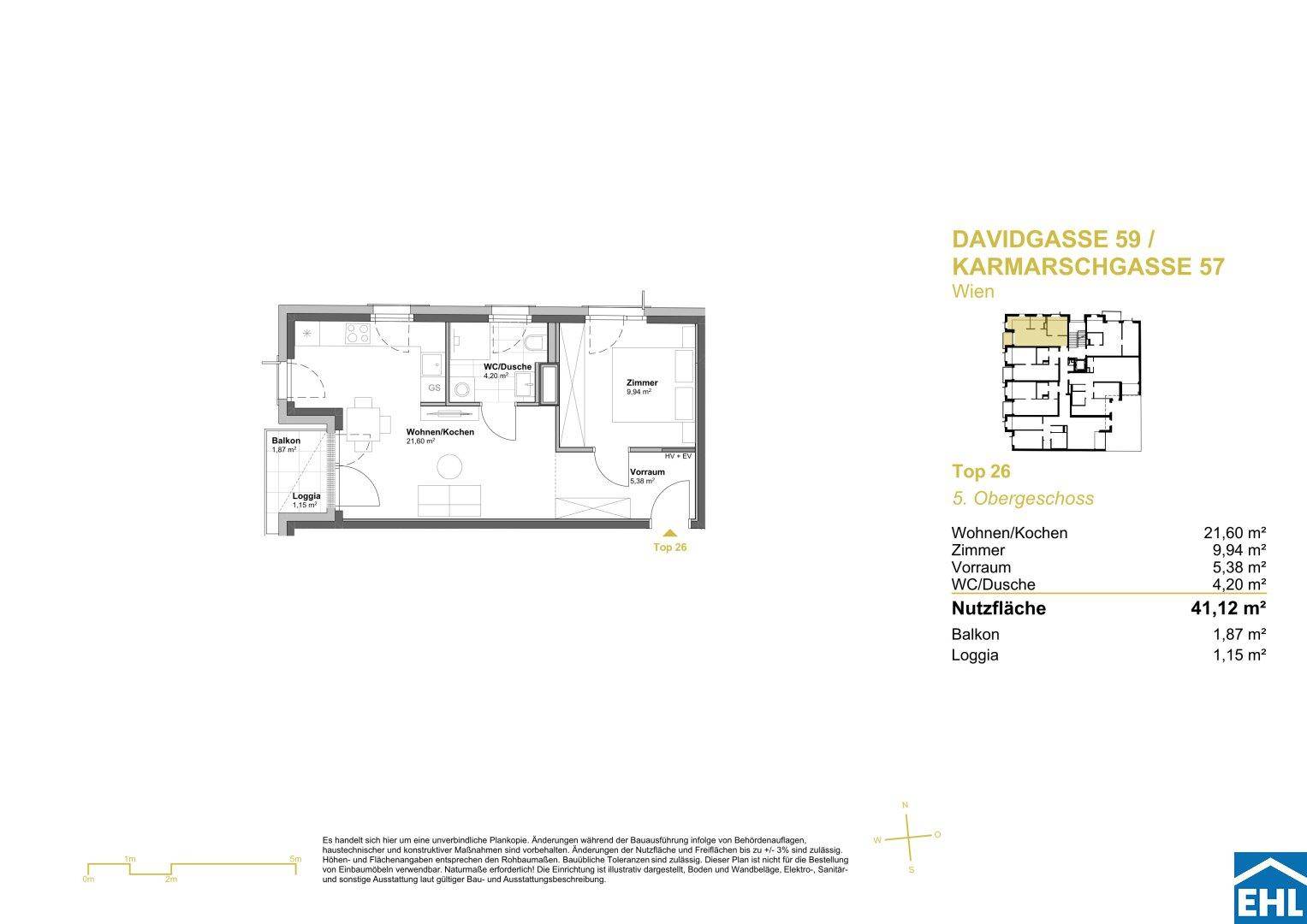 Grundriss einer Wohnung mit offenem Wohn-/Kochbereich, einem Schlafzimmer, Bad, Balkon und Loggia.