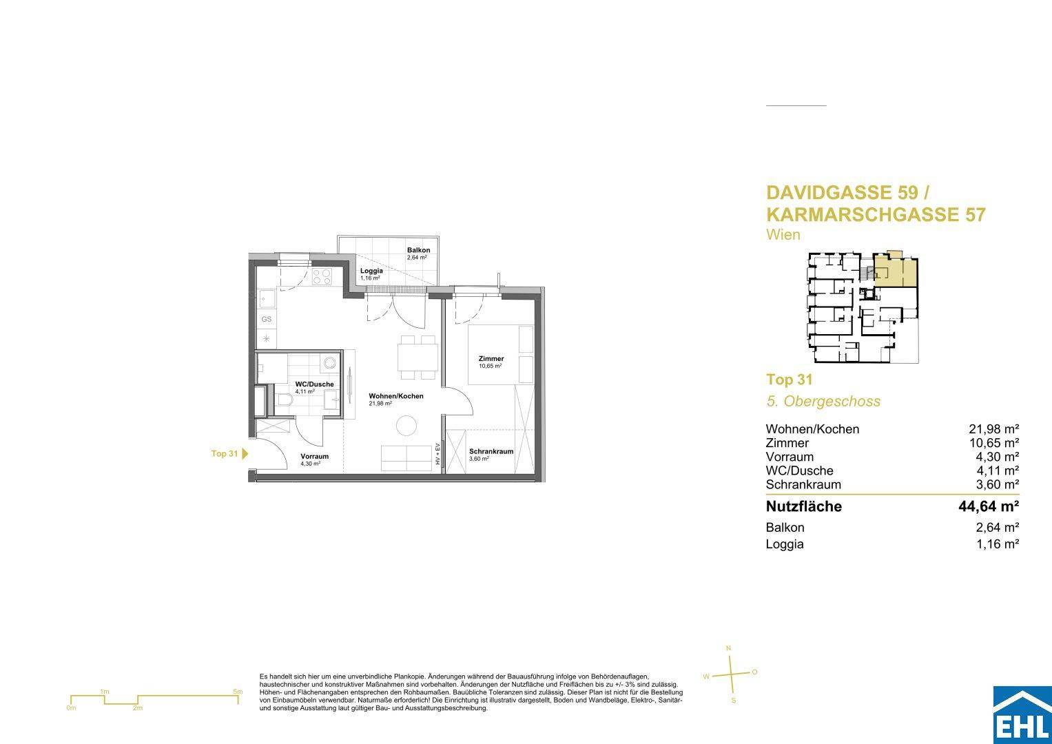 Grundriss einer Wohnung im 5. Obergeschoss mit Balkon und Loggia.