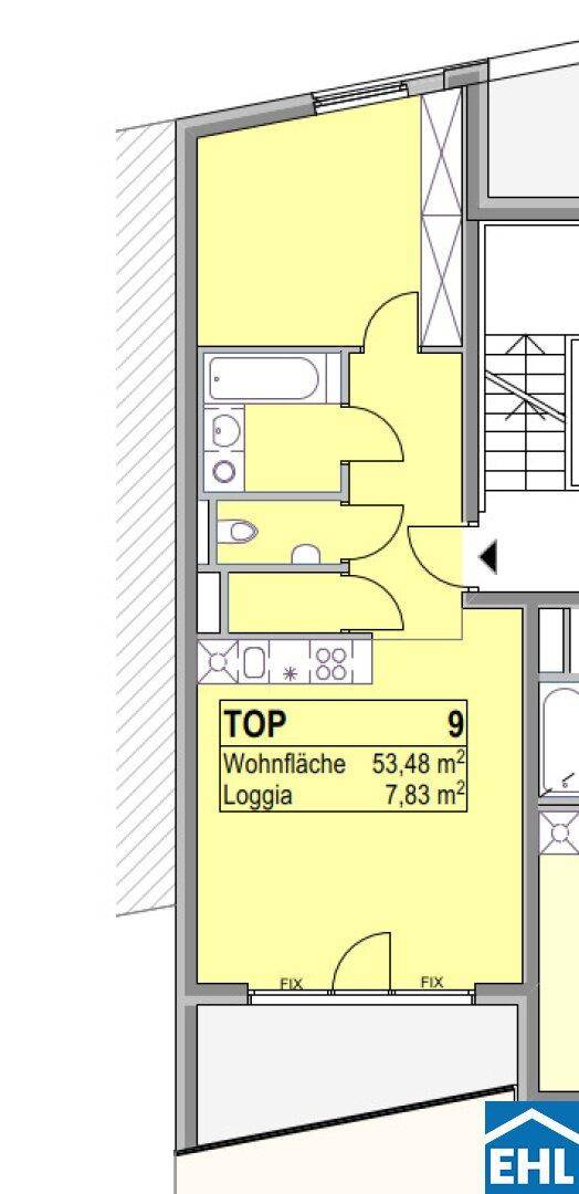 Grundriss der Wohnung Top 9 mit Wohnfläche und Loggia.