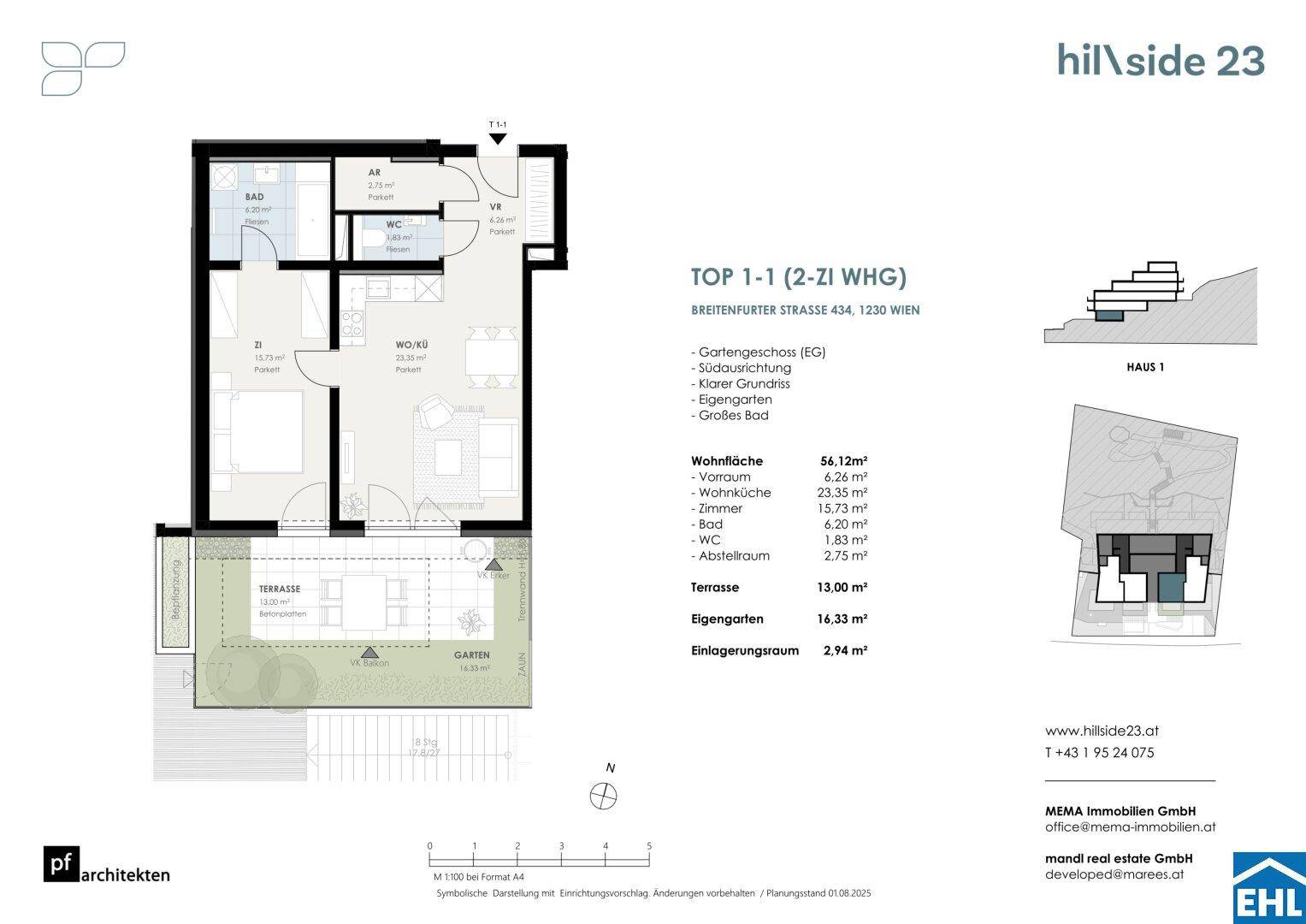 Grundriss einer 2-Zimmer-Wohnung mit Terrasse, Garten und Abstellraum.