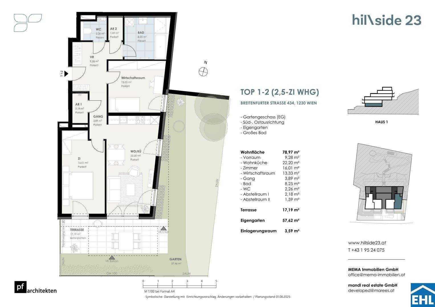 Grundriss einer 2,5-Zimmer-Wohnung mit Terrasse, Eigengarten und separatem WC.