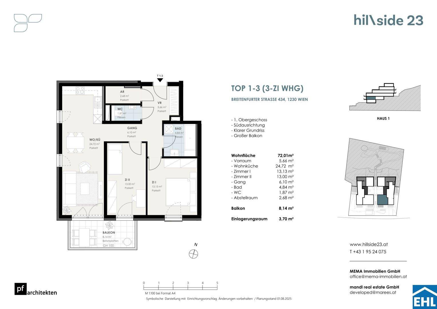 Grundriss einer 3-Zimmer-Wohnung im Obergeschoss mit Balkon und klarer Raumaufteilung.