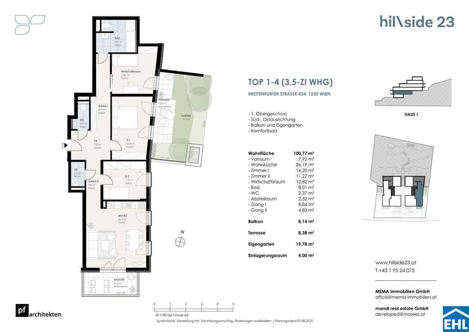 Detaillierter Grundriss einer Wohnung mit Balkon, Terrasse und eigenem Gartenbereich.