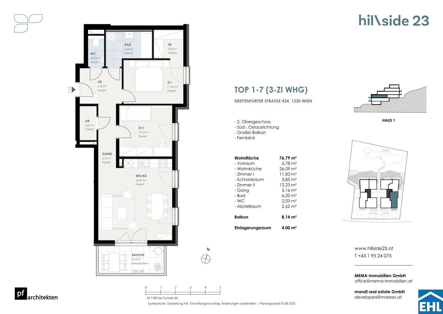Detaillierter Grundriss einer 3-Zimmer-Wohnung mit Balkon und separatem WC.