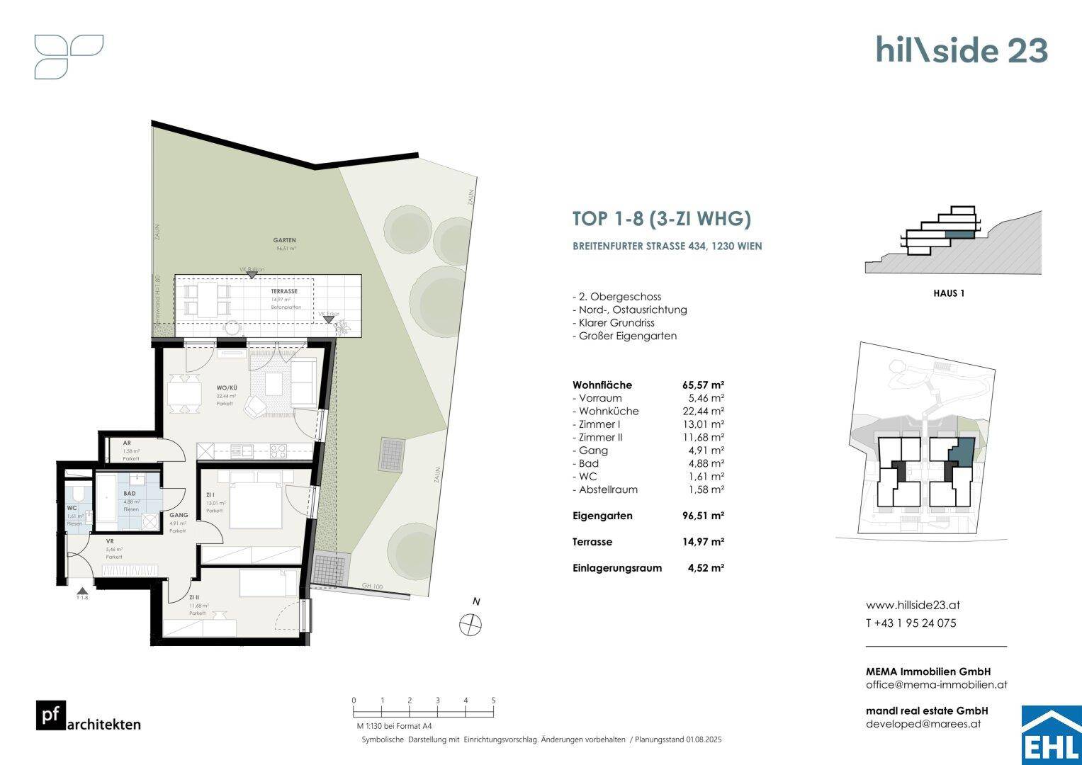 Grundriss einer 3-Zimmer-Wohnung mit Garten, Terrasse und klarem Raumkonzept.