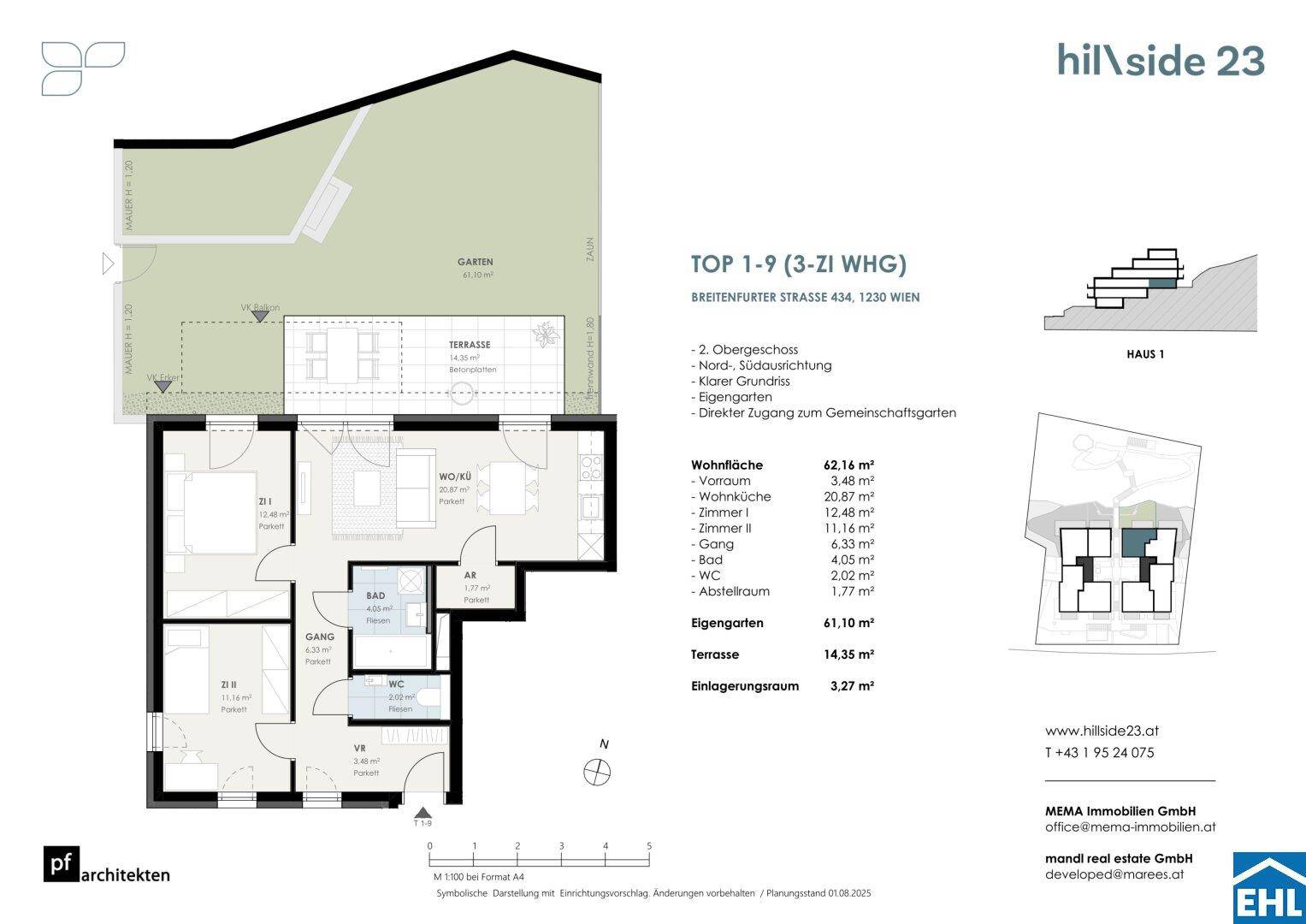 Detaillierter Grundriss einer Wohnung mit drei Zimmern, Terrasse und eigenem Gartenbereich.