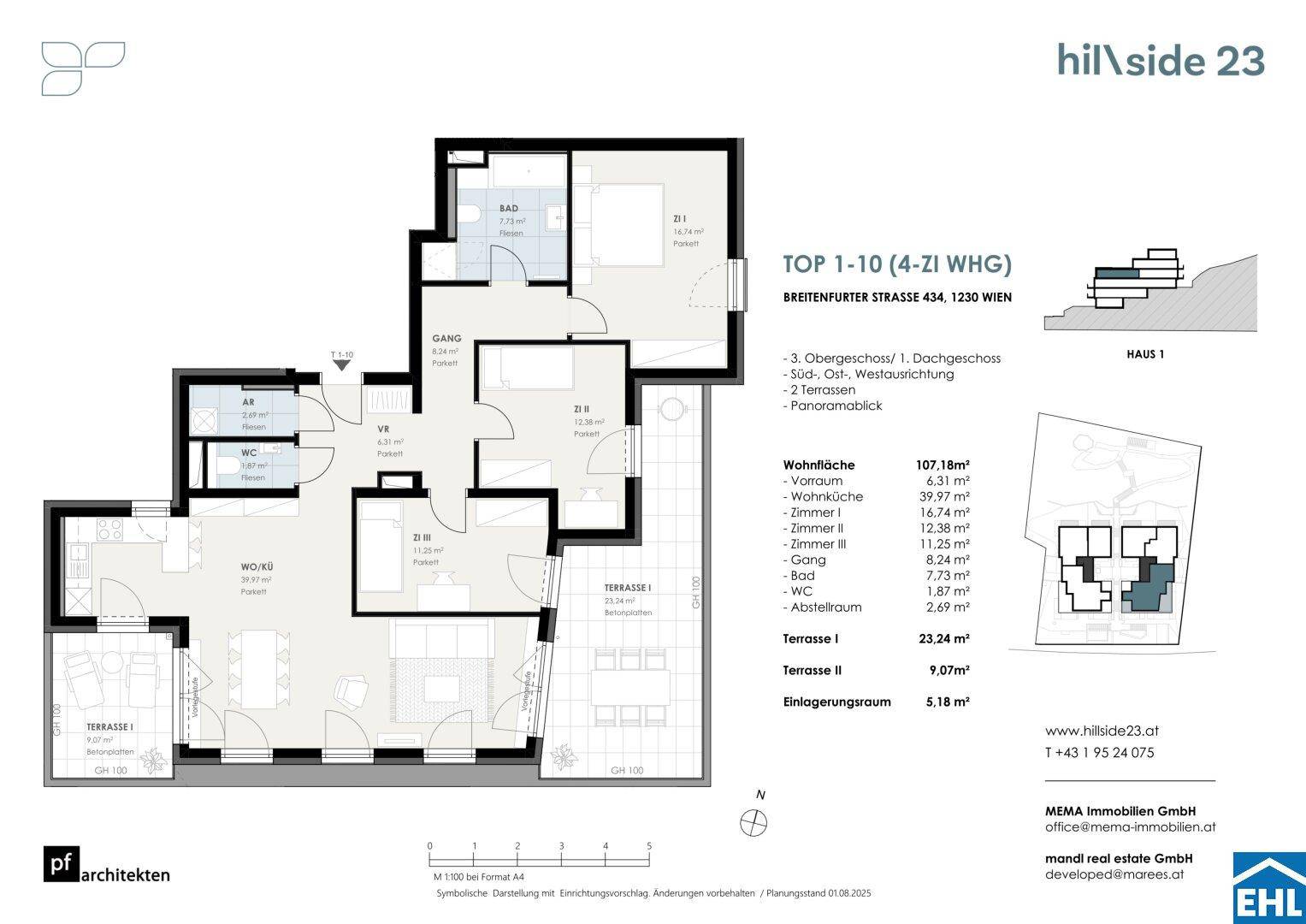 Detaillierter Grundriss einer 4-Zimmer-Wohnung mit zwei Terrassen und klarer Raumaufteilung.