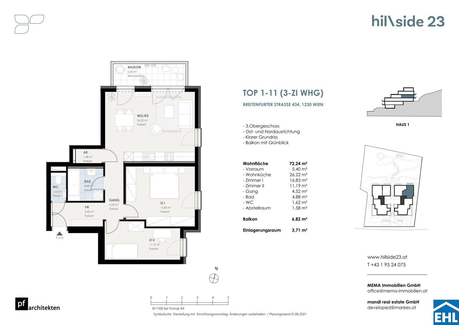 Grundriss einer 3-Zimmer-Wohnung mit Balkon und klarer Raumaufteilung.