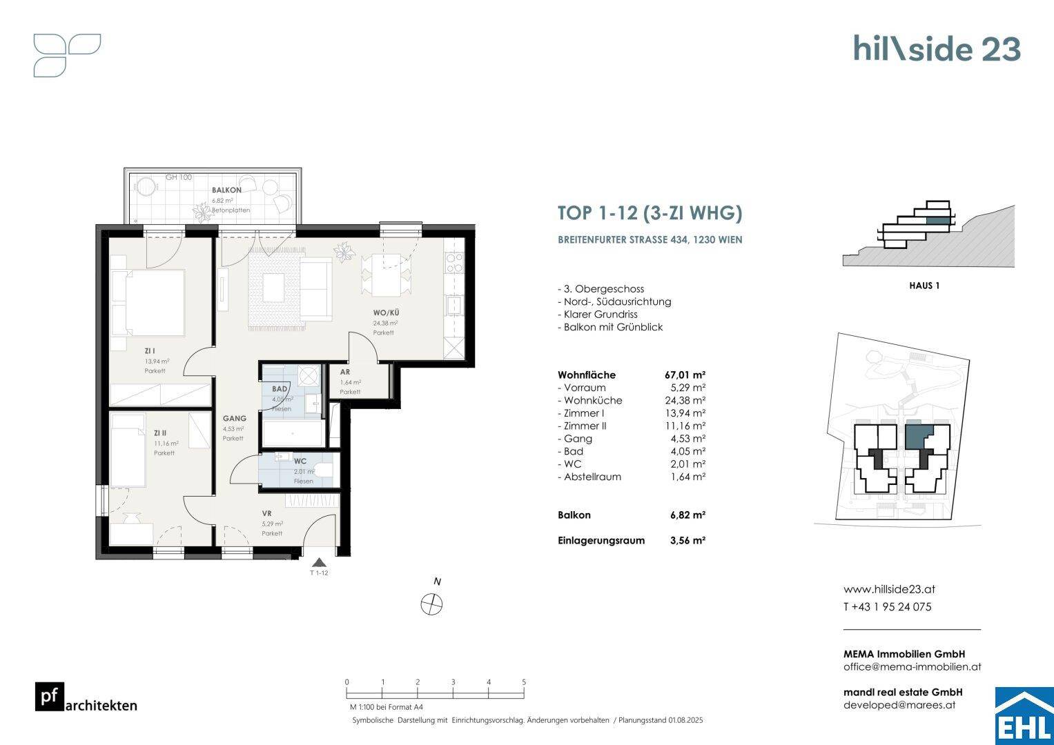 Grundriss einer Wohnung im 3. Obergeschoss mit Balkon und klarer Raumaufteilung.