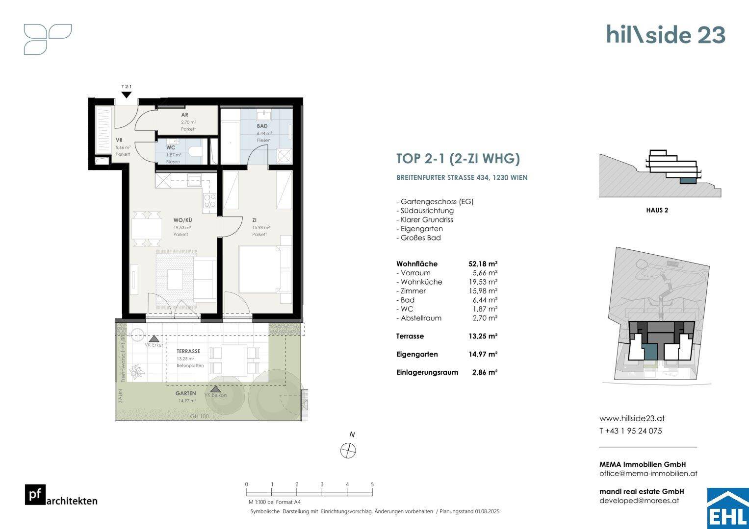 Grundriss einer Wohnung mit Terrasse und Garten, inklusive Raumaufteilung und Flächenangaben.