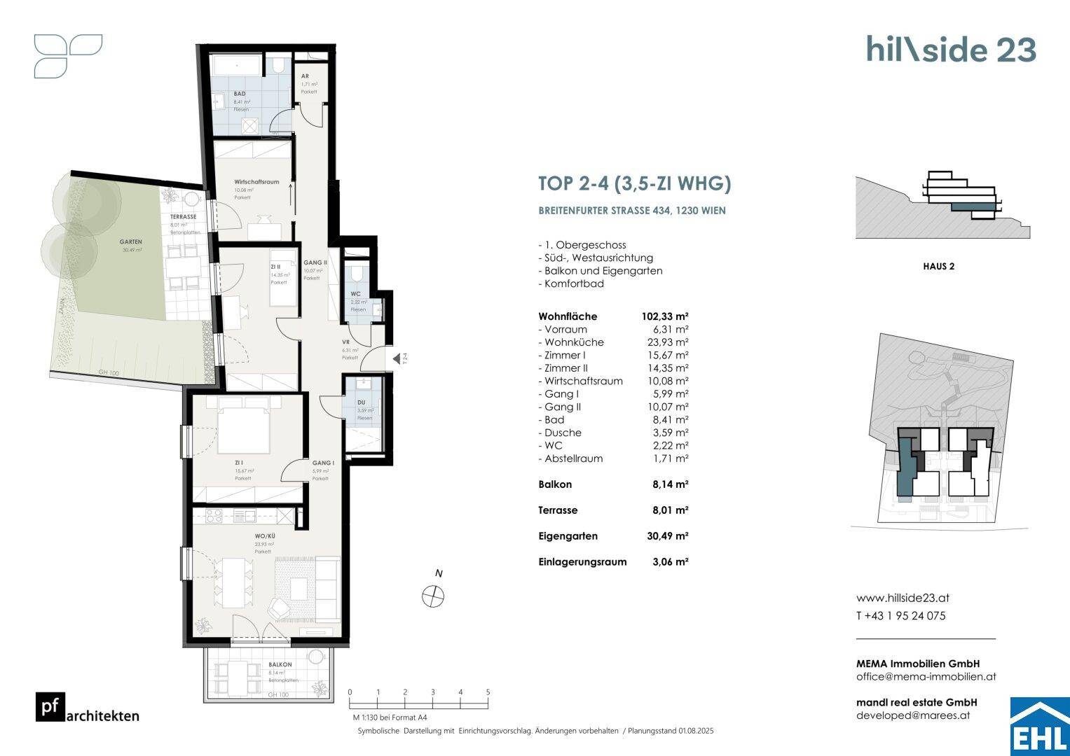 Grundriss der Wohnung TOP 2-4 mit 102,33 m² Wohnfläche, drei Zimmern und offener Wohnküche.