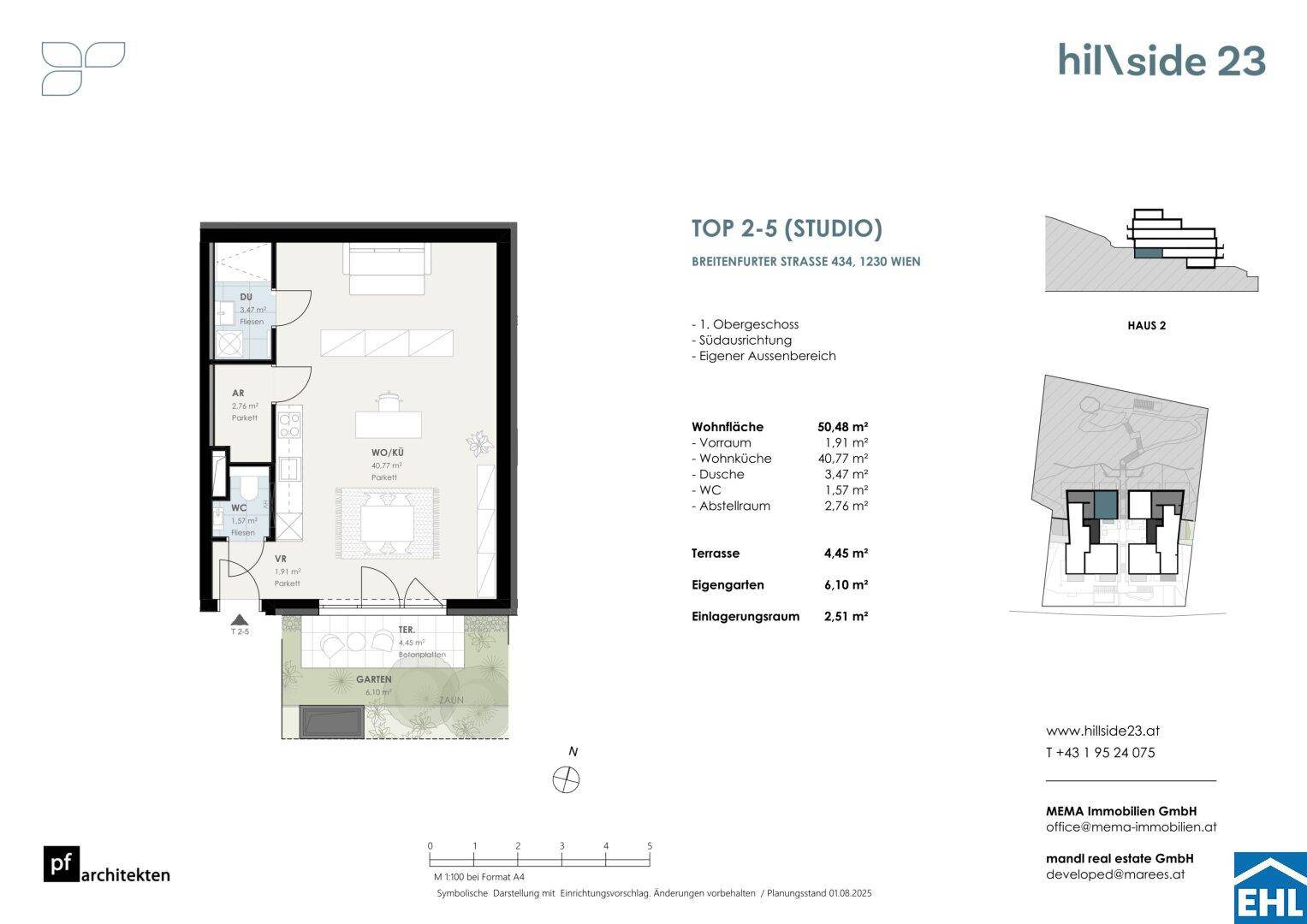 Grundriss eines Studios mit offener Wohnküche, Terrasse und eigenem Gartenbereich.