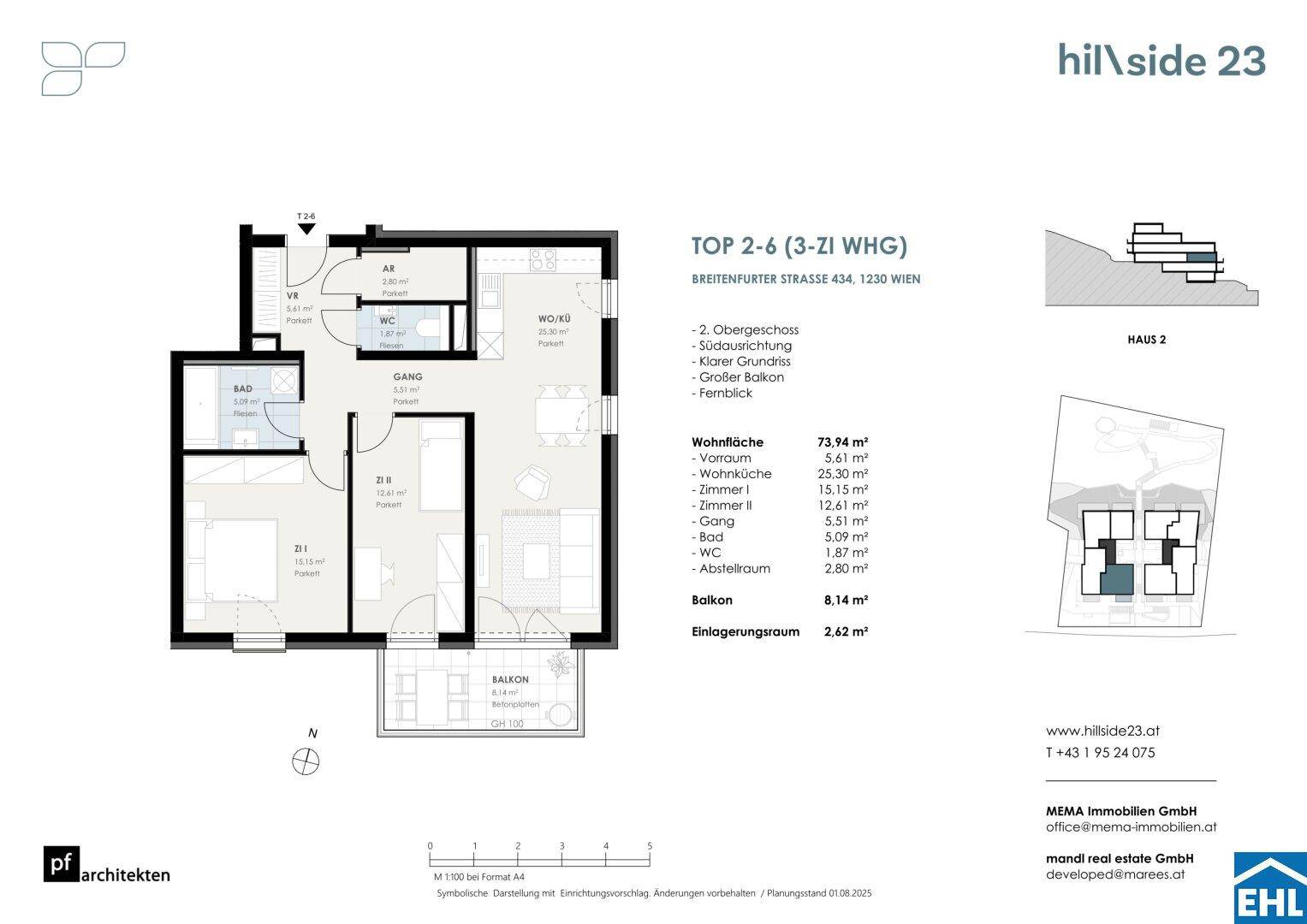 Grundriss einer 3-Zimmer-Wohnung mit offenem Wohnbereich, Balkon und separatem WC.