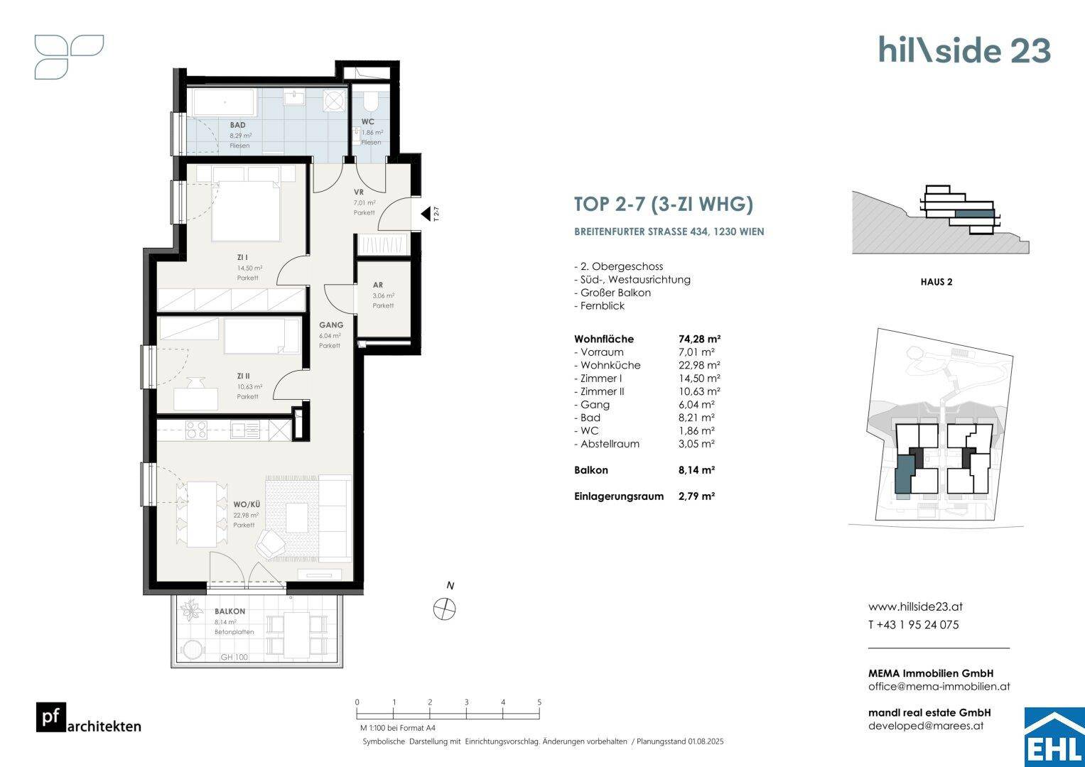 Grundriss einer 3-Zimmer-Wohnung mit Balkon, Bad, WC und separatem Abstellraum.