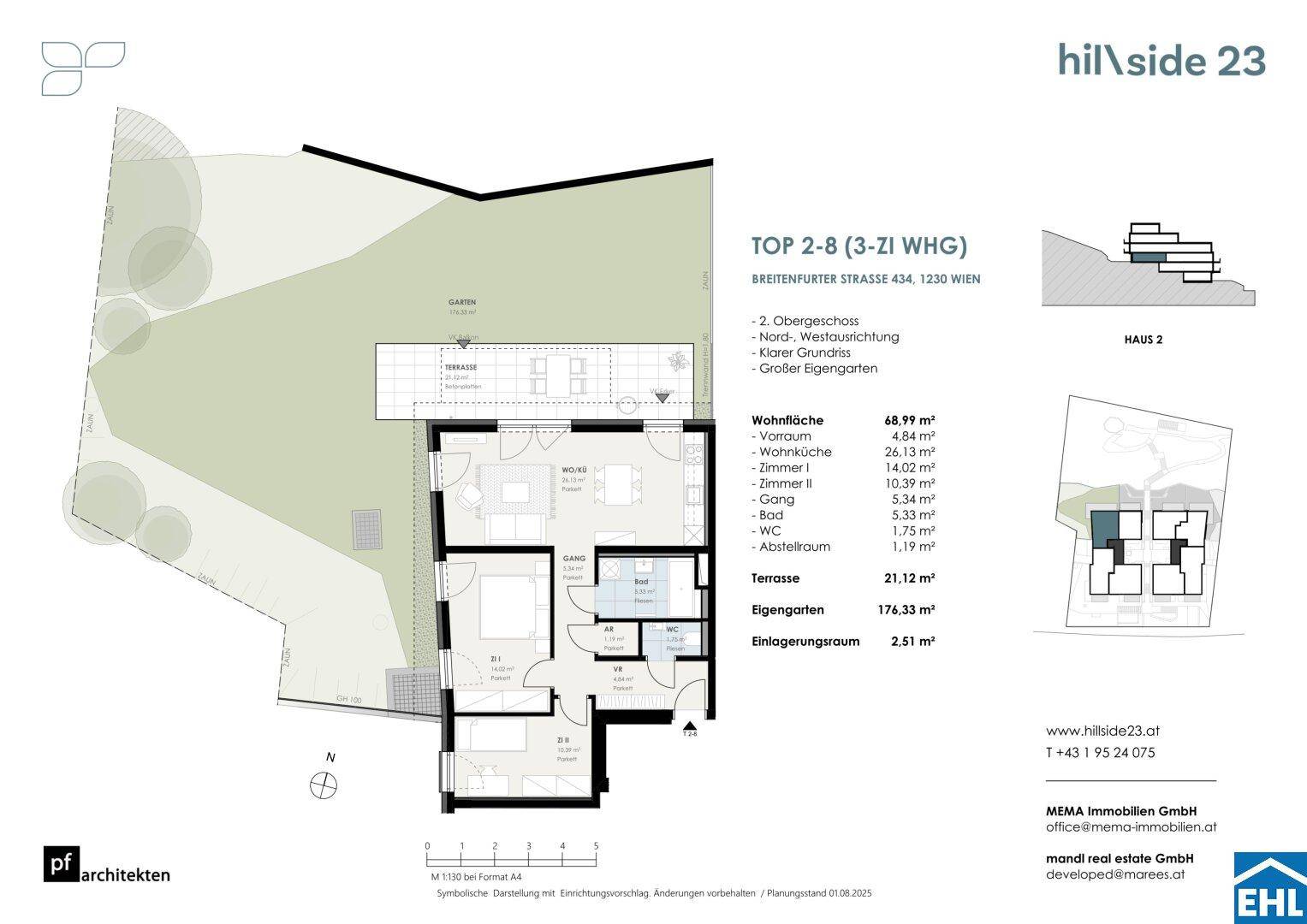 Grundriss einer 3-Zimmer-Wohnung mit Terrasse und eigenem Gartenbereich.