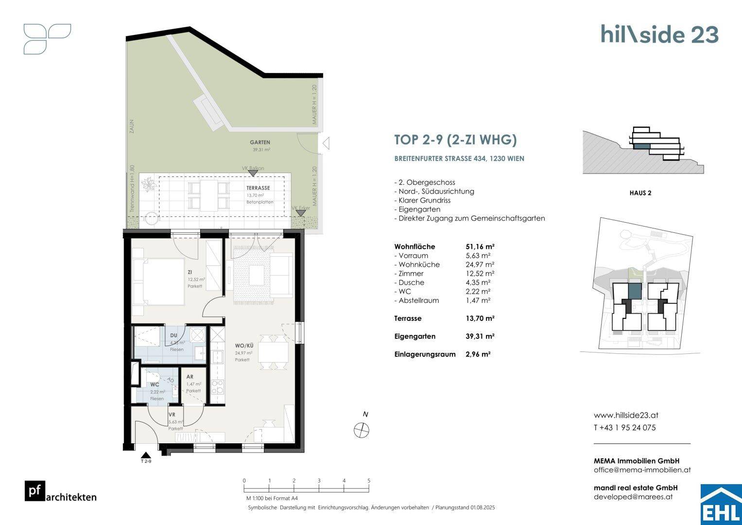 Grundriss einer 2-Zimmer-Wohnung mit Terrasse und Gartenanteil.