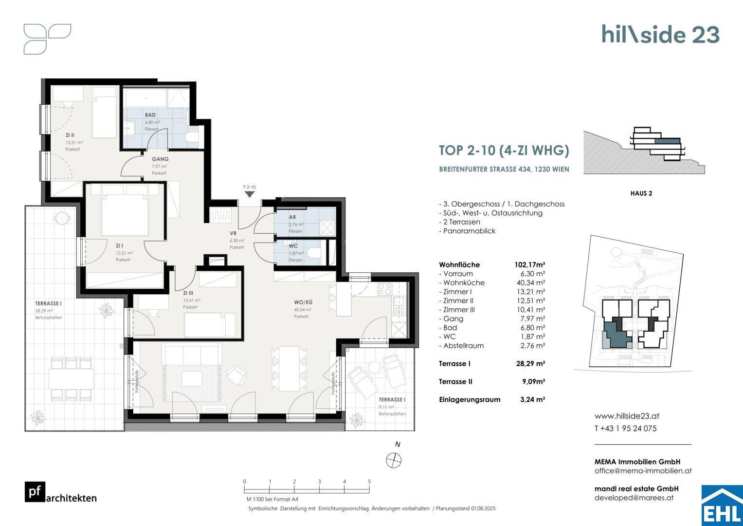 Detaillierter Grundriss einer Wohnung mit großem Wohn-Essbereich und zwei Terrassen.