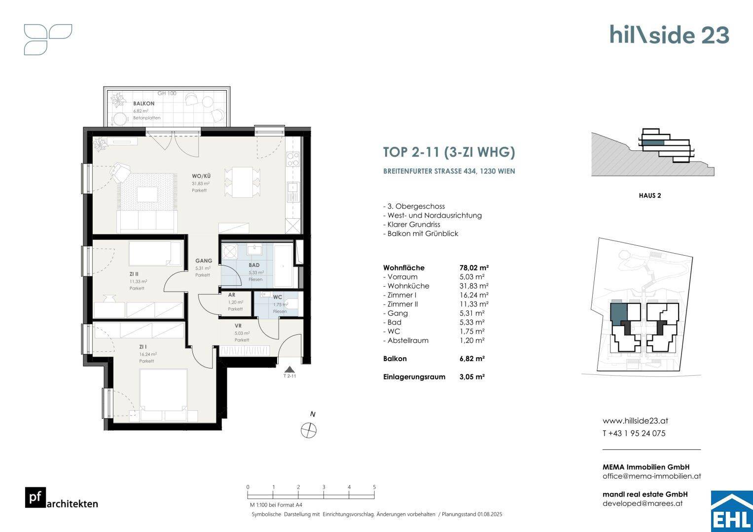 Detaillierter Grundriss einer 3-Zimmer-Wohnung mit Balkon und klarem Raumkonzept.