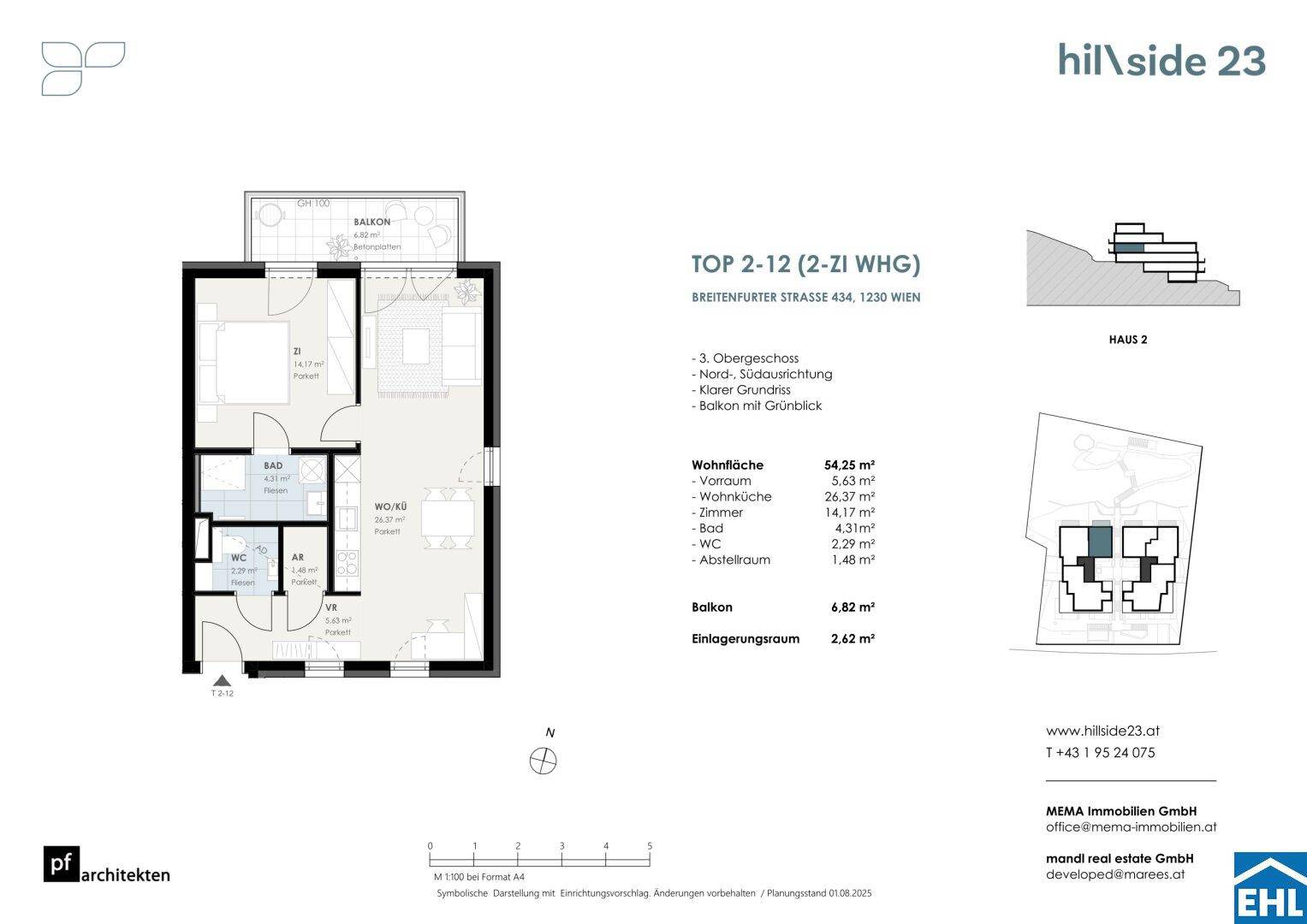 Detaillierter Grundriss einer Wohnung mit Balkon, offenem Wohnbereich und separatem WC.