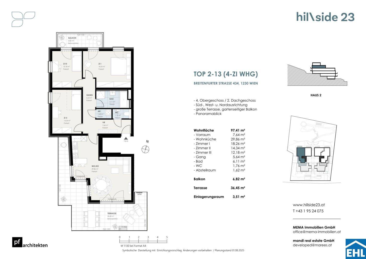 Detaillierter Grundriss einer 4-Zimmer-Wohnung mit Balkon und Terrasse.