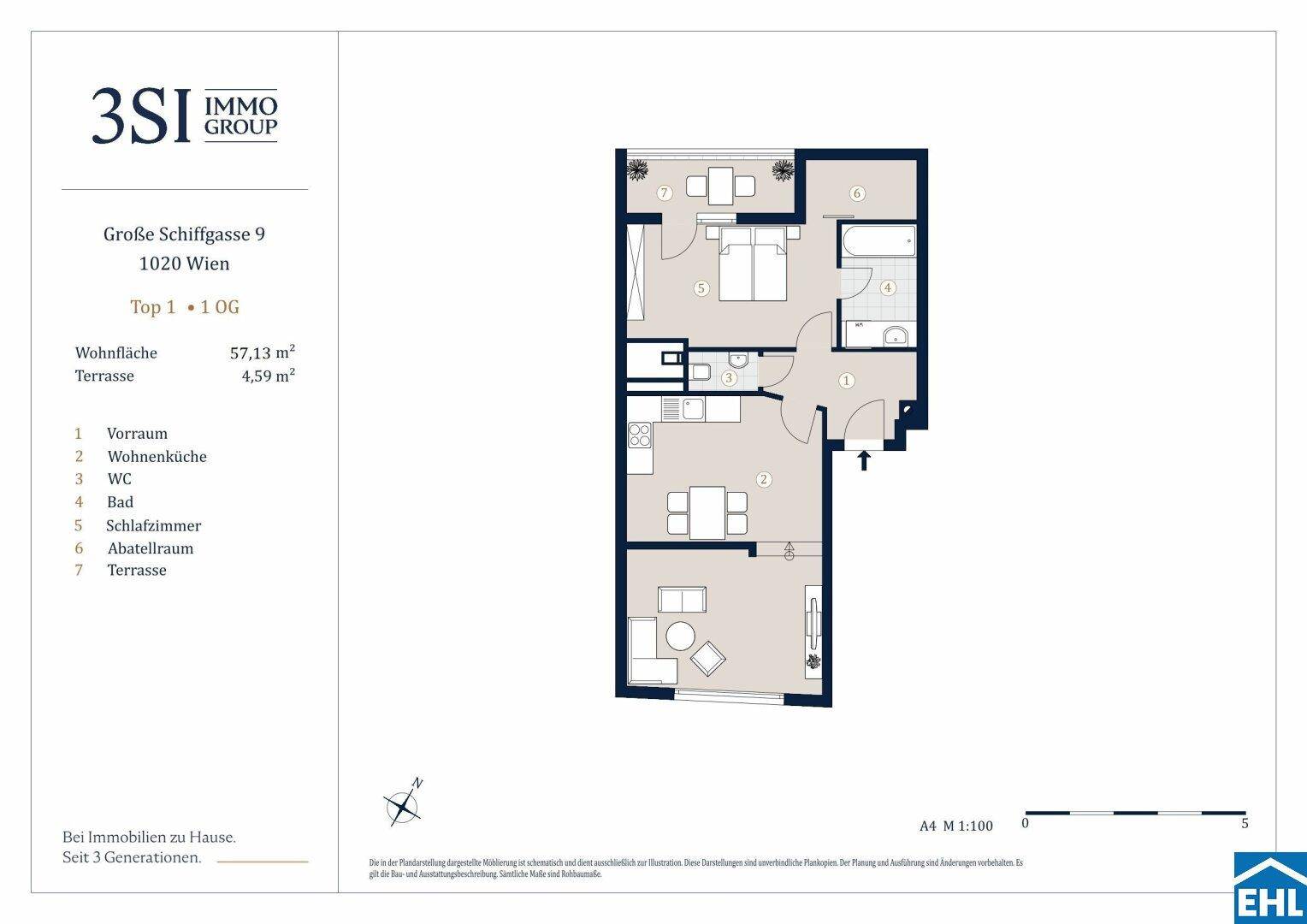 Detaillierter Grundriss einer Wohnung mit offener Wohnküche, einem Schlafzimmer, Bad und separatem WC sowie einer Terrasse.