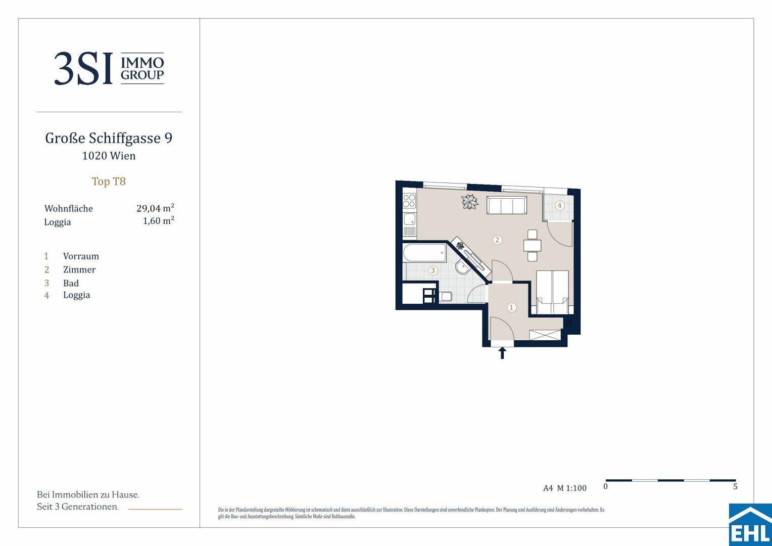 Grundriss einer kleinen Wohnung mit offenem Wohn-/Schlafbereich, separatem Bad und Loggia.
