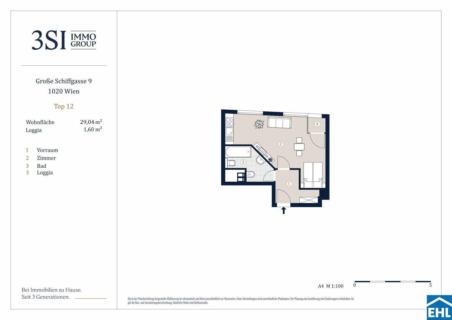 Grundriss einer kleinen Wohnung mit offenem Wohn-/Schlafbereich, integrierter Küchenzeile, Bad und Loggia.