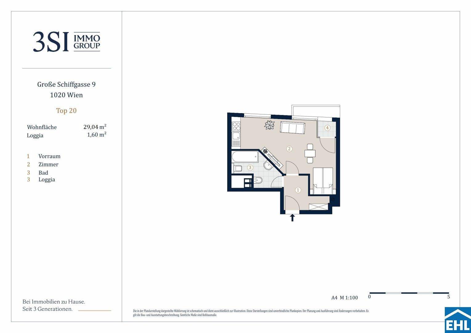 Grundriss einer kompakten Wohnung mit offenem Wohnbereich, integrierter Küche, Bad und Loggia.