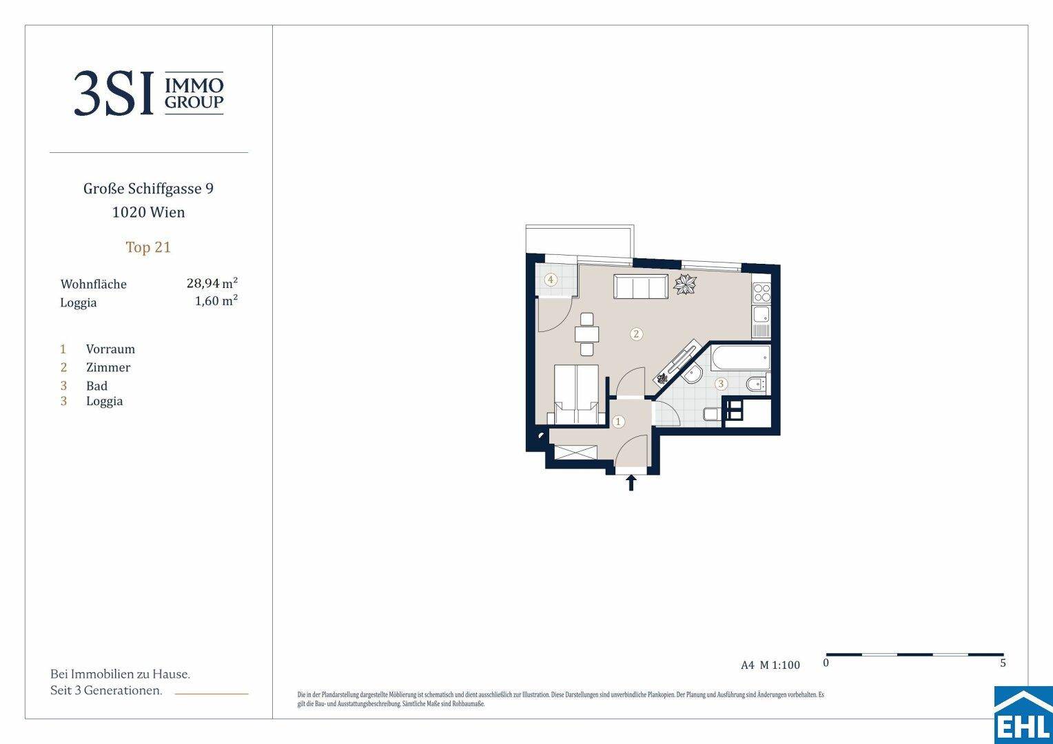 Grundriss einer kompakten Wohnung mit offenem Wohnbereich, integrierter Küche, Bad und Loggia.