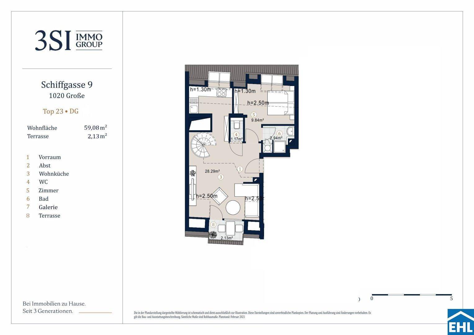 Detaillierter Grundriss einer Dachgeschosswohnung mit Wohnfläche und Terrassenbereich.