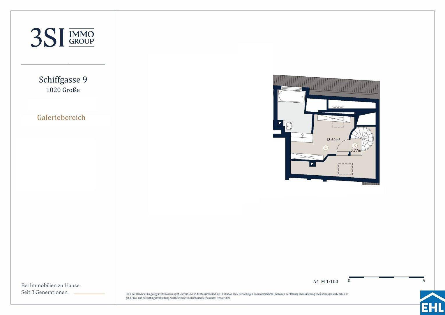 Grundriss des Galeriebereichs einer Dachgeschosswohnung mit Wendeltreppe.