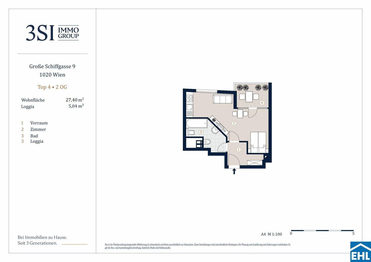 Dieser Grundriss zeigt eine kompakte Wohnung mit einem Wohn-/Schlafbereich, separatem Bad und einer Loggia.