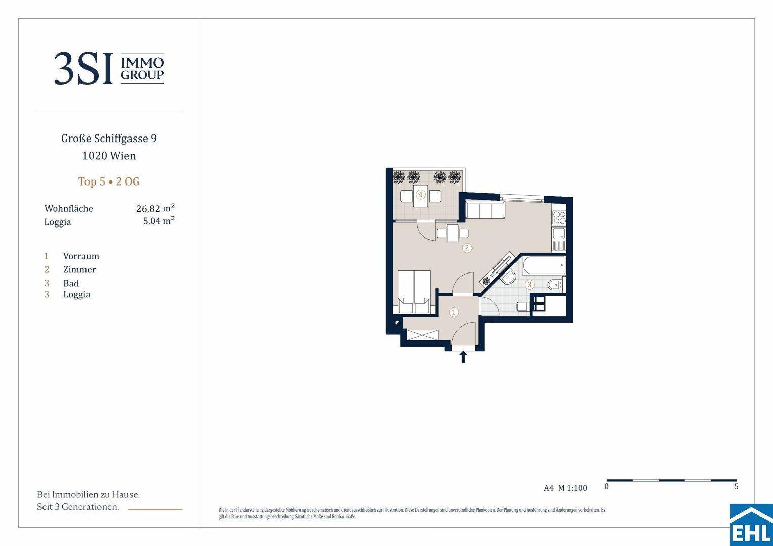 Grundriss einer kleinen Wohnung mit offenem Wohnbereich, Schlafzimmer, Bad und Loggia.