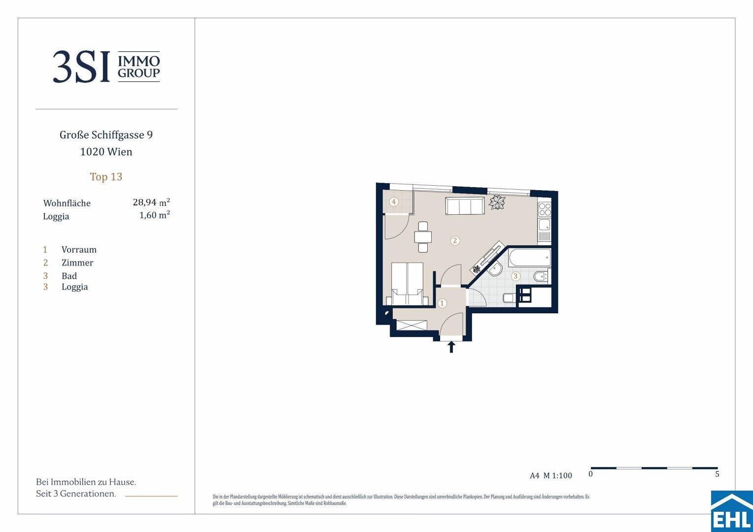 Grundriss einer kompakten Wohnung mit offenem Wohnbereich, integrierter Küche, Bad und Loggia.